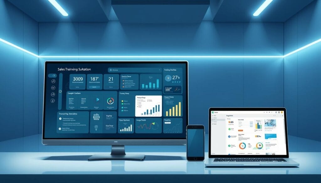A sleek, futuristic interface showcasing the key features of Hyperspace AI Sales Training Software. In the foreground, a high-resolution display presents a suite of customizable training modules, analytics dashboards, and interactive simulations. The middle ground features a laptop and mobile device, seamlessly syncing user progress and insights across devices. The background evokes a minimalist, technology-driven workspace, with clean lines, subtle lighting, and a sense of streamlined productivity. Render this scene with a polished, high-fidelity aesthetic, capturing the advanced capabilities and user-friendly design of the Hyperspace platform.
