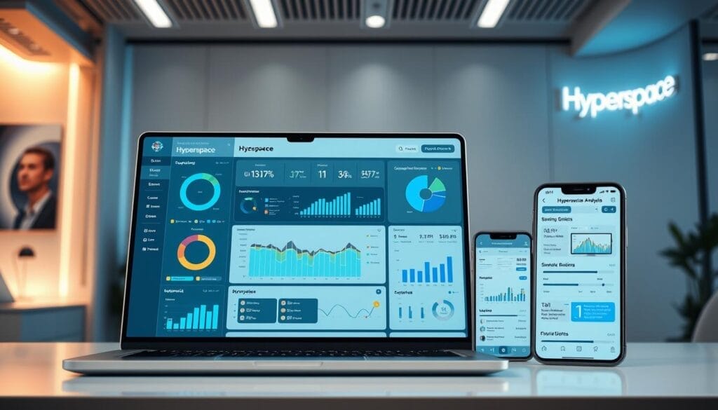 A sleek, futuristic interface showcasing the powerful "Hyperspace" sales conversation analysis tools. In the foreground, a laptop or desktop display presents a visually stunning dashboard with interactive graphs, charts, and data visualizations. The middle ground features a mobile device, its screen mirroring the comprehensive analytics. The background evokes a minimalist, high-tech office setting with clean lines, subtle lighting, and a subtle Hyperspace branding. The overall mood is one of efficiency, sophistication, and cutting-edge sales insights.