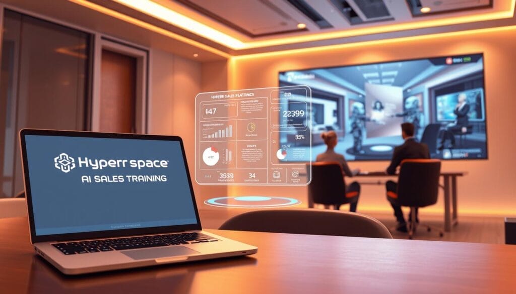 A sleek, futuristic office scene showcasing the Hyperspace AI sales training platform. In the foreground, a laptop or tablet displays the Hyperspace logo and interface, surrounded by elegant minimalist design elements. The middle ground features a stylized, holographic presentation of sales metrics and AI-driven insights. In the background, a large, high-resolution display shows an immersive 3D environment with AI avatars engaged in dynamic sales roleplay. Warm, directional lighting and a sense of depth create a sophisticated, technologically advanced atmosphere.