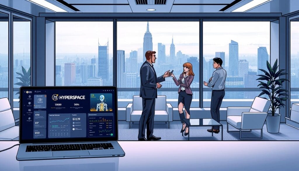 A sleek, futuristic office scene showcasing the implementation of AI-powered sales training. In the foreground, a desktop or laptop display features the Hyperspace logo and an interactive dashboard for sales metrics and training modules. Surrounding the device, a minimalist workspace with elegant furniture and subtle lighting creates a professional, tech-forward atmosphere. In the middle ground, sales representatives engage in role-playing exercises, their animated expressions and gestures indicating an immersive, collaborative learning experience. The background depicts a panoramic city skyline, hinting at the global reach and scalability of the Hyperspace AI sales training solution.