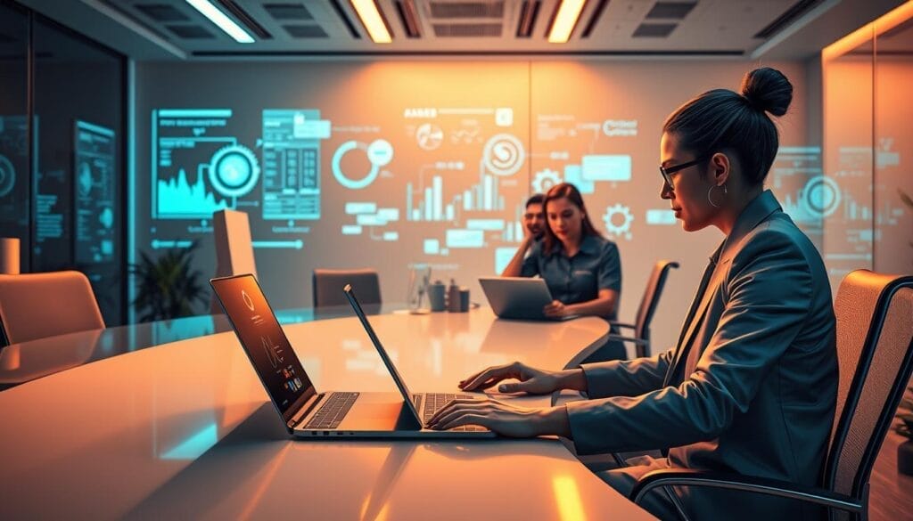 A sleek, futuristic office scene with a large, curved desk showcasing a Hyperspace laptop and mobile device. In the foreground, an AI-powered sales assistant operates seamlessly, automating tasks like lead prioritization, sales script generation, and appointment scheduling. The middle ground features a team of sales professionals collaborating, their expressions focused and engaged. The background subtly hints at advanced analytics and AI-driven insights projected on holographic displays. Warm, diffused lighting creates a productive, high-tech atmosphere. Rendered with a cinematic, photorealistic style.