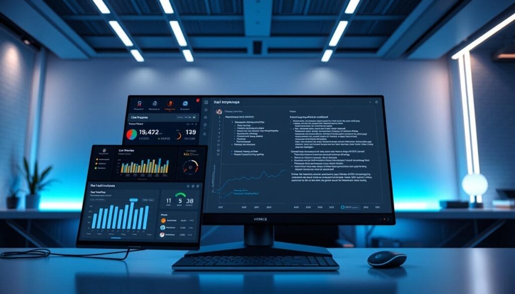 A sleek, futuristic real-time call analysis coaching platform from Hyperspace, displayed on a modern desktop setup. In the foreground, a stylized dashboard showcases live call metrics and insights, with intuitive data visualizations. The middle ground features a large, high-resolution display presenting a call transcript and analysis, bathed in a cool, blue-hued lighting. In the background, a minimalist office setting with clean lines and subtle ambient lighting, creating a professional, technology-driven atmosphere. The overall impression is one of an advanced, AI-powered sales coaching solution that empowers teams to optimize their performance.