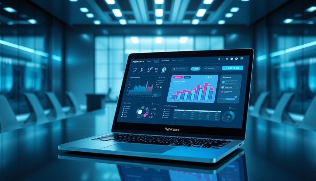 A sleek, futuristic sales automation dashboard displayed on a Hyperspace-branded laptop. The interface features clean, minimalist design with vibrant holographic displays, data visualizations, and interactive controls. The background evokes a sophisticated, high-tech office setting with smooth metallic surfaces, soft lighting, and a sense of advanced technology. The overall scene conveys efficiency, productivity, and the seamless integration of sales processes through automation.