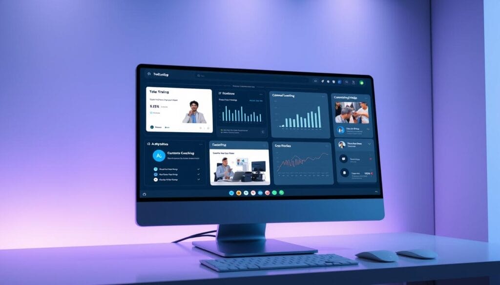 A sleek, futuristic sales training interface on a Hyperspace desktop computer. The screen displays interactive data visualizations, video tutorials, and customizable coaching modules. Soft ambient lighting creates a focused, professional atmosphere. The interface features a minimalist, high-contrast design with bold typography and intuitive controls. In the background, subtle holographic elements and a sense of advanced AI-powered technology convey the cutting-edge nature of the sales coaching platform. The overall impression is one of a sophisticated, immersive sales training experience tailored for the modern, data-driven business environment.