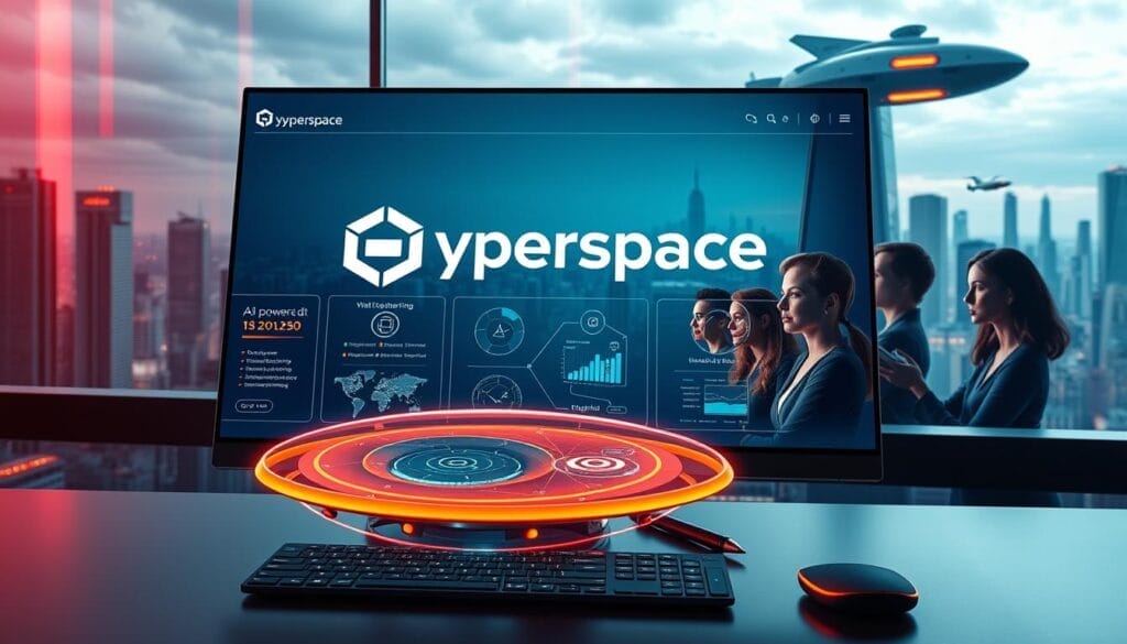 A sleek, futuristic sales training interface on a high-resolution desktop display. In the foreground, a stylized Hyperspace logo hovers above a suite of interactive AI-powered modules, each showcasing dynamic visualizations and data analytics tailored for optimal sales skill development. The middle ground features a team of sales professionals engaged in immersive, gamified training scenarios, their expressions focused and determined. In the background, a panoramic cityscape with towering skyscrapers and hovercraft creates a sense of a modern, technology-driven environment. Warm, vibrant lighting and a cool color palette evoke a sophisticated, cutting-edge aesthetic.