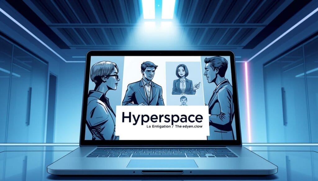 A sleek, futuristic sales training interface with the Hyperspace brand displayed prominently. The scene features a laptop or tablet screen in the foreground, showcasing an immersive AI-powered sales training simulation. Employees engage with lifelike virtual avatars, honing their pitch and negotiation skills through realistic scenarios. The background depicts a modern, minimalist office environment, with clean lines and a subtle neon accent lighting creating a high-tech ambiance. The overall mood conveys the seamless integration of AI technology into the sales training process, empowering sales professionals to excel in the digital age.