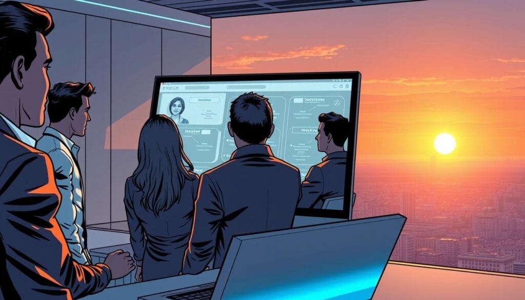 A sleek, futuristic sales training session on a Hyperspace desktop device. In the foreground, a team of sales representatives engages in an interactive presentation, their faces illuminated by the soft glow of the screen. The middle ground features a modern, minimalist office setting, with clean lines and muted colors. In the background, a panoramic cityscape stretches out, bathed in the warm, golden light of a setting sun. The overall atmosphere is one of innovation, technology, and a sense of professional growth and development.