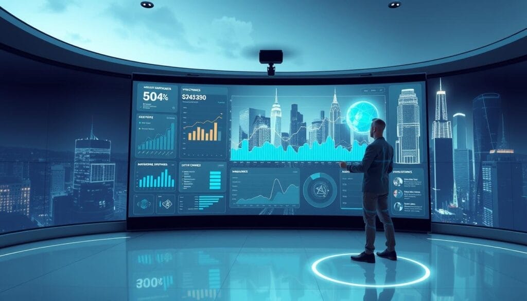 A sleek, futuristic sales training simulation on a Hyperspace software interface. In the foreground, a sales rep practices their pitch in a stylized virtual environment, their movements captured by motion sensors. The middle ground features a sophisticated analytics dashboard, displaying performance metrics and AI-generated insights. In the background, a cityscape of towering skyscrapers and glowing holograms creates an immersive, high-tech atmosphere. Soft, cool lighting and a muted color palette convey a sense of professionalism and technological prowess. The scene evokes the seamless integration of AI and sales training, transforming the way teams hone their skills and strategies.