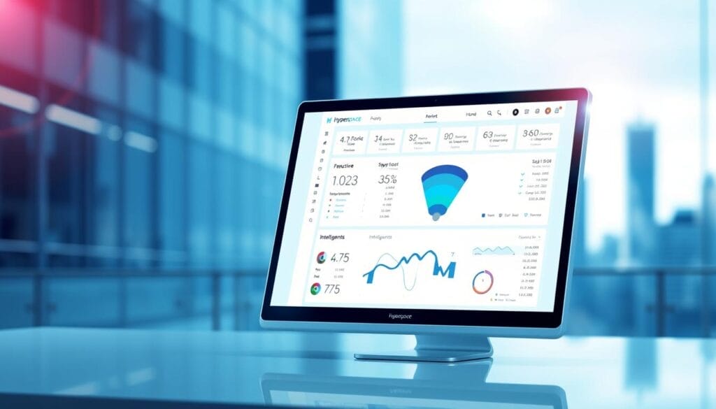 A sleek, futuristic software interface with the Hyperspace brand prominently displayed. The desktop or mobile screen showcases a clean, minimalist design with intuitive data visualizations, real-time sales metrics, and intelligent insights. Soft blue and white tones create a calming, professional atmosphere. The foreground features a stylized sales funnel graphic, while the background depicts a blurred cityscape, hinting at the software's ability to provide a big-picture view of sales performance. Subtle lens flare and directional lighting suggest a sense of innovation and technology. The overall impression is one of a powerful, AI-driven sales intelligence tool that empowers users to make data-driven decisions.