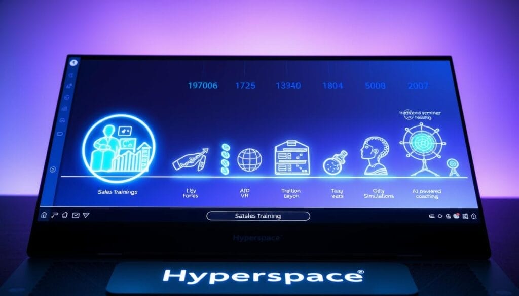 A sleek, futuristic timeline depicting the evolution of sales training, displayed on a Hyperspace branded desktop or laptop device. In the foreground, a series of holographic icons and data visualizations showcase the progression from traditional in-person seminars to immersive AR/VR simulations and AI-powered coaching. The middle ground features a clean, minimalist interface with intuitive controls, while the background subtly blends shades of blue and purple, evoking a sense of technological advancement. Lighting is soft and diffused, creating a professional, yet inviting atmosphere. The overall impression is one of a seamless, state-of-the-art sales training ecosystem.