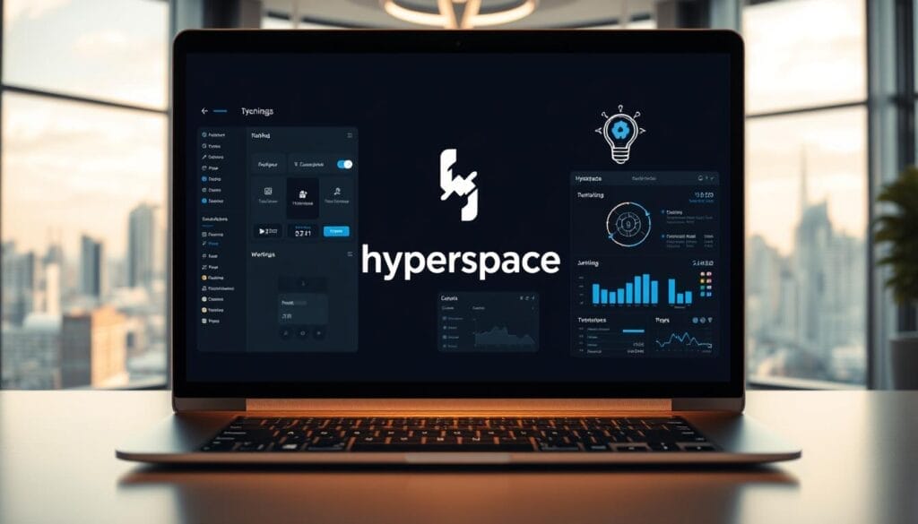 A sleek, futuristic workspace featuring a desktop or laptop computer displaying the "Hyperspace" brand logo. In the foreground, digital workflow automation tools are prominently featured, including a Kanban board, task management interface, and data visualization dashboards. The middle ground showcases an AI assistant offering contextual guidance, while the background depicts a cityscape through large windows, conveying a sense of integration between technology and the modern business environment. The scene is bathed in a warm, subdued lighting, creating a professional and productive atmosphere.