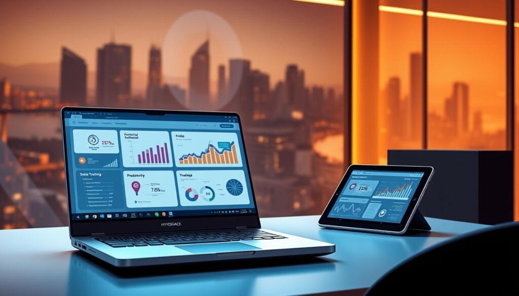 A sleek, futuristic workspace with a Hyperspace-branded laptop and tablet on a minimalist desk. The screen displays vibrant, data-driven sales training modules, with animated charts and graphs showcasing productivity metrics. Warm, indirect lighting casts a soft glow, creating a focused, professional atmosphere. The background features a stylized cityscape, hinting at the global reach and impact of the AI-powered sales training program. The overall impression is one of efficiency, innovation, and the seamless integration of cutting-edge technology into the sales workflow.