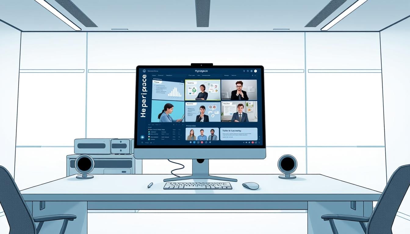 A sleek, futuristic workspace with a large desktop display showcasing the "Hyperspace" brand. On the screen, an immersive AI-powered sales training session for a remote team, with interactive data visualizations, video conferencing, and personalized coaching tools. The office environment is minimalist, with clean lines, neutral tones, and subtle lighting that creates a focused, productive atmosphere. The scene conveys a sense of innovation, technology, and a forward-thinking approach to modern sales training and team collaboration.