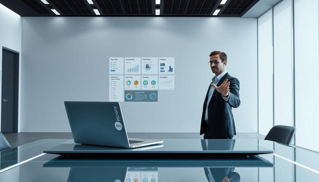 A sleek, futuristic workspace with a stylized "Hyperspace" laptop on a modern glass desk. The laptop displays a comprehensive sales coaching strategy, with visuals, analytics, and AI-powered insights. In the foreground, a professional sales coach gestures towards the screen, surrounded by a minimalist, high-tech environment. Soft, directional lighting creates a focused, sophisticated atmosphere, hinting at the power of AI-driven sales coaching. The overall scene conveys a sense of innovation, efficiency, and a cutting-edge approach to improving sales performance.