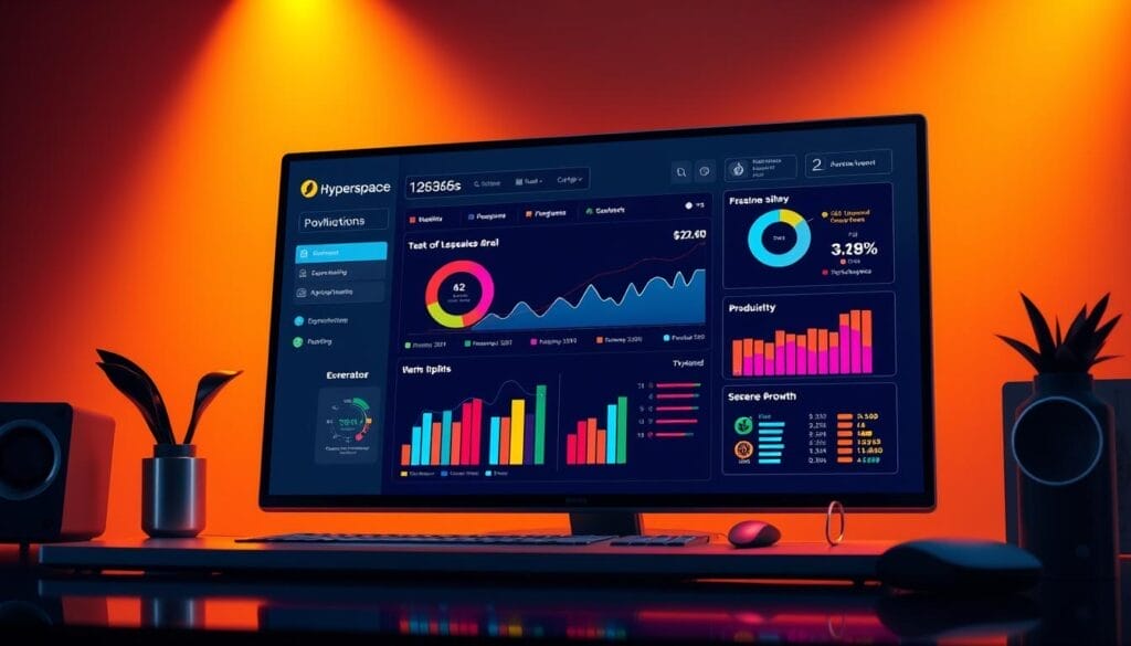 A sleek, high-tech dashboard displaying the evolution of sales gamification, presented on a stylish desktop display. The interface features vibrant, animated data visualizations tracking key metrics such as user engagement, productivity, and revenue growth. The Hyperspace brand logo is prominently displayed, conveying a sense of cutting-edge innovation. Warm, directional lighting illuminates the dashboard, creating depth and a professional, polished atmosphere. The overall scene evokes a vision of sophisticated, AI-powered sales optimization tools driving business success.