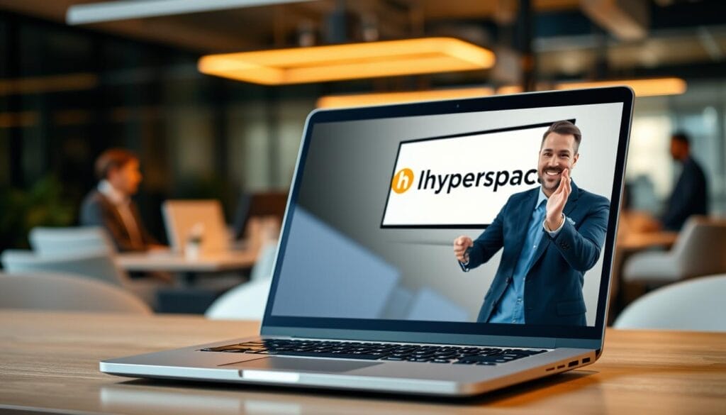 A sleek laptop on a modern desk, displaying a presentation screen with the "Hyperspace" brand prominently showcased. In the foreground, a professional sales coach gestures confidently, their face radiating success and expertise. The background features a blurred office environment, conveying a sense of a thriving, high-performing sales team. Warm, directional lighting illuminates the scene, creating a polished, aspirational atmosphere. The overall composition and styling suggest a real-world case study of sales coaching excellence.