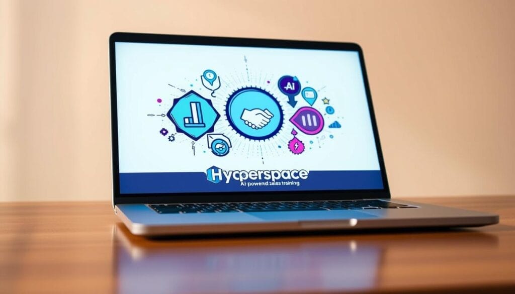 A sleek laptop or mobile device screen displays a vibrant, visually engaging image. The foreground features a collection of AI-powered sales training icons, including a lightning bolt, a graph, and a handshake, arranged in a dynamic, eye-catching layout. The middle ground showcases a Hyperspace logo, conveying the brand's expertise in AI-driven sales solutions. The background is a soft, blurred gradient, creating a professional, polished atmosphere. The lighting is warm and natural, with subtle shadows and highlights adding depth and dimension to the scene. The overall composition and color palette evoke a sense of productivity, efficiency, and the transformative power of AI in sales training.