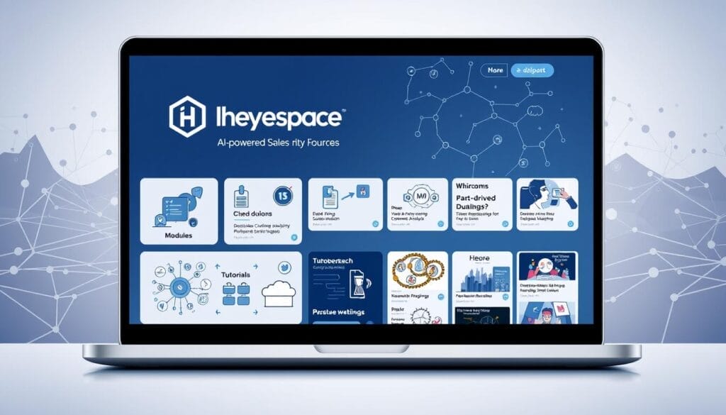 A sleek laptop screen displays a collection of AI-powered sales training resources, the "Hyperspace" logo prominently featured. In the foreground, elegant icons and infographics showcase various modules - from data-driven customer analysis to persuasive pitch techniques. The middle ground features a curated selection of tutorials and webinars, their thumbnails hinting at the depth of knowledge available. In the background, a stylized landscape of interconnected nodes and circuits suggests the advanced technology powering these comprehensive sales enablement tools. Soft lighting and a muted color palette create a sense of professionalism and innovation, inviting the viewer to explore this comprehensive suite of free AI sales training resources.