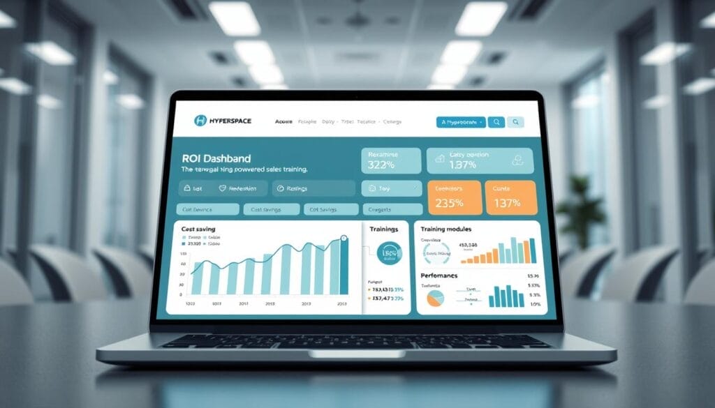 A sleek laptop screen displays a comprehensive ROI dashboard for "Hyperspace" AI-powered sales training. In the foreground, a graph showcases revenue growth and cost savings, conveying the tangible business impact. The middle ground features training modules and performance metrics, highlighting the training's effectiveness. The background depicts a modern, minimalist office setting, evoking a professional, data-driven atmosphere. Crisp lighting and a high-quality camera lens ensure a polished, visually striking image that captures the essence of "Measuring ROI: The Business Impact of AI Sales Training".