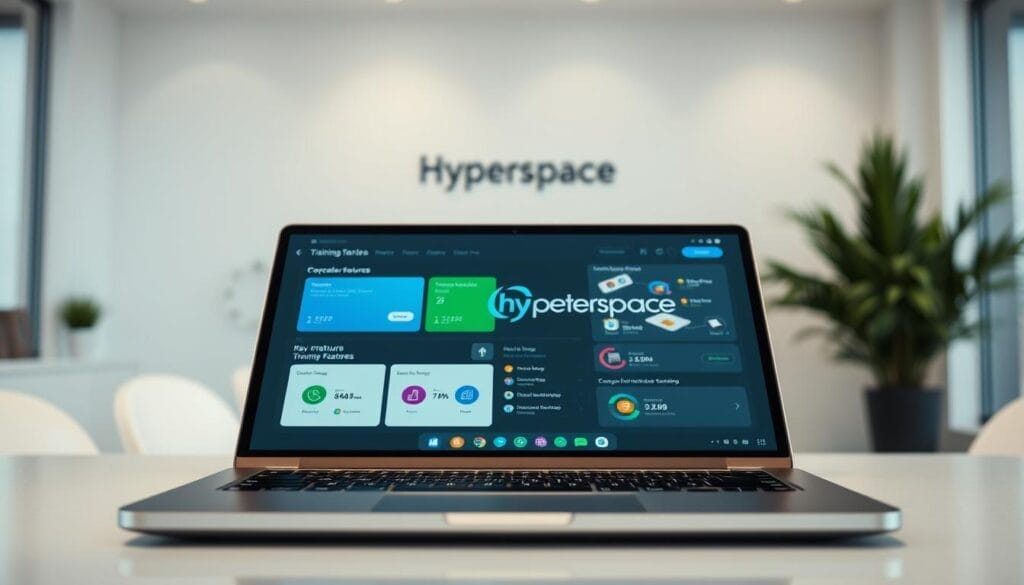 A sleek laptop screen displays a comprehensive dashboard showcasing key training features. In the foreground, vibrant icons and intuitive controls invite interaction. The middle ground features a stylized Hyperspace logo, conveying the brand's innovative spirit. The background depicts a minimalist, light-filled office setting, creating a professional and modern atmosphere. Lighting is soft and diffused, with a slight depth-of-field effect to draw the viewer's attention to the central display. The overall mood is one of efficiency, clarity, and technological sophistication.