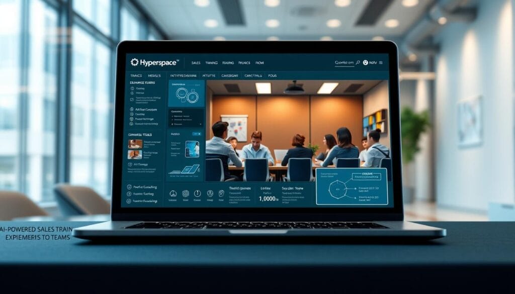 A sleek laptop screen displays a comprehensive sales training interface, branded with the "Hyperspace" logo. The foreground features interactive modules, intuitive dashboards, and personalized coaching tools. In the middle ground, a virtual classroom hosts a diverse team of sales representatives, engaged in dynamic role-playing sessions. The background subtly blends a modern office setting, with clean lines, subtle lighting, and a sense of productivity and collaboration. The overall atmosphere conveys a seamless, AI-powered sales training experience that empowers teams to excel.
