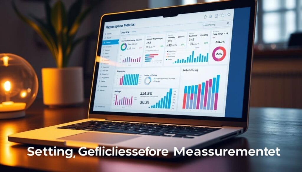 A sleek laptop screen displays a dashboard of sales training metrics, the Hyperspace logo prominently featured. Detailed charts and graphs illustrate key performance indicators, from conversion rates to customer satisfaction scores. The layout is clean and intuitive, designed to provide a comprehensive overview of training program effectiveness. Soft ambient lighting casts a warm glow, creating a professional, data-driven atmosphere. The scene conveys a sense of clarity and focus, aligned with the "Setting Clear Objectives Before Measurement" section title.