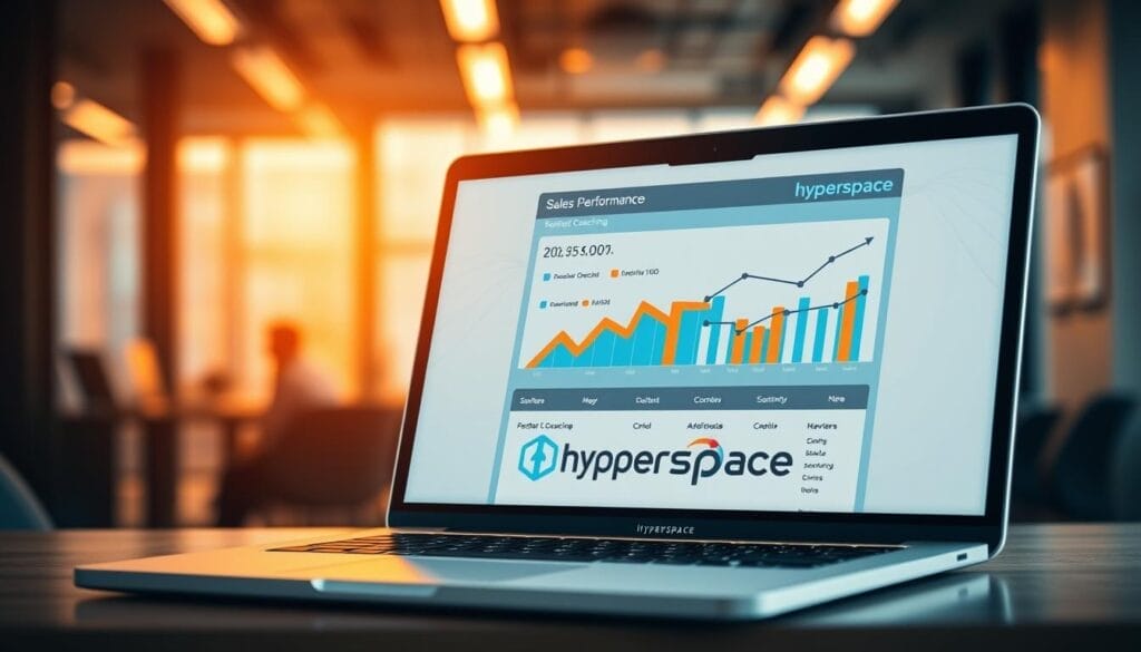A sleek laptop screen displays a sales performance dashboard, showcasing the positive impact of sales coaching. The screen is set against a blurred background of a modern office, with a sense of focus and professionalism. The Hyperspace logo is prominently featured, indicating the software's role in driving these coaching insights. Warm, directional lighting illuminates the scene, creating a sense of depth and emphasizing the laptop's display. The overall mood is one of efficiency, progress, and the transformative power of sales coaching automation.