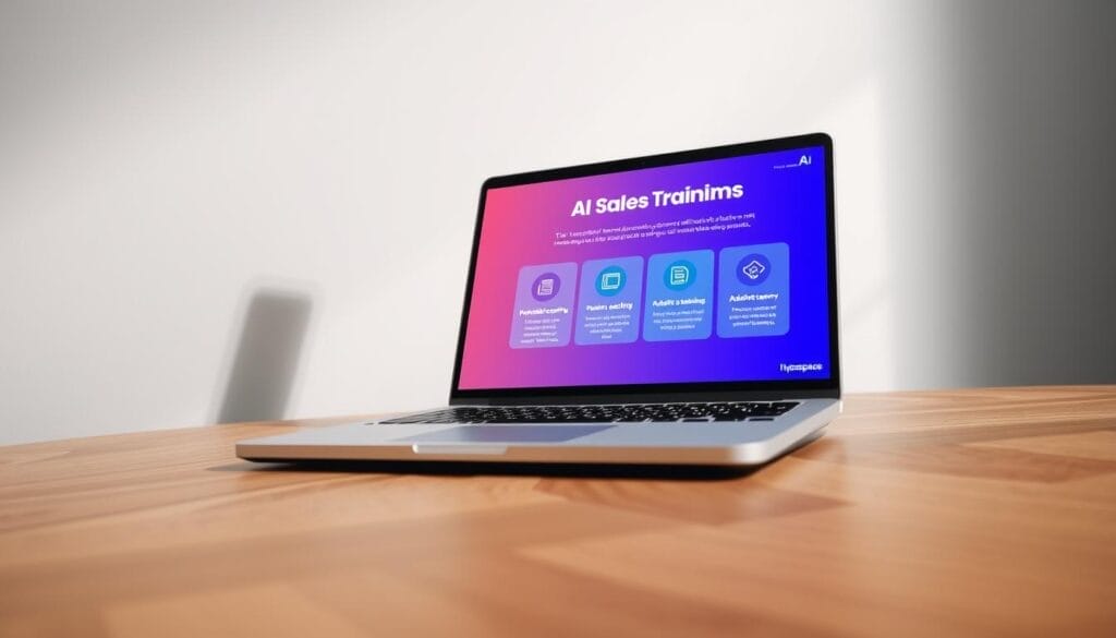 A sleek laptop screen displays a vibrant presentation on "AI Sales Training Benefits". The presentation features the Hyperspace brand logo and stylized icons illustrating key advantages such as personalized coaching, real-time data analytics, and adaptive learning. The screen is set against a minimalist, elegant desk environment with a tactile, textured wooden surface, creating a professional, modern atmosphere. Soft, directional lighting casts subtle shadows, emphasizing the clarity and depth of the digital visuals. The overall composition conveys the efficiency, intelligence, and transformative potential of AI-powered sales training.