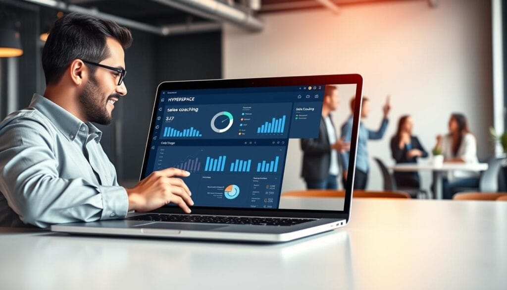 A sleek laptop screen displays an insightful sales coaching dashboard, showcasing the "Hyperspace" brand. In the foreground, a professional sales rep reviews performance metrics and personalized coaching insights, with a confident expression. The middle ground features a team of startup employees engaged in a lively discussion, gesturing animatedly. The background depicts a modern, minimalist office setting, bathed in warm, focused lighting that creates a productive atmosphere. The overall scene conveys the transformative impact of data-driven sales coaching, empowering startups to drive sustainable growth.