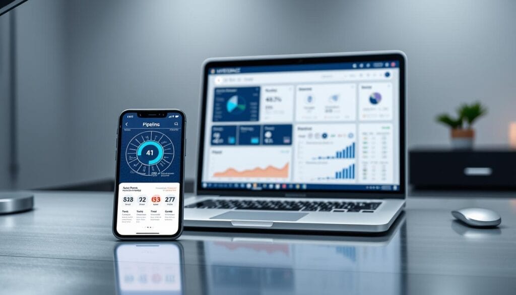 A sleek, metallic desk setup displaying a laptop screen showcasing Hyperspace's AI sales pipeline insights. Crisp, realistic lighting accentuates the modern, minimalist aesthetic. In the foreground, a smartphone displays a visually striking data visualization, guiding the viewer through key pipeline metrics. The middle ground features the laptop screen, presenting a comprehensive dashboard of sales performance indicators. The background subtly blends technology and sophistication, with a subtle Hyperspace branding visible. The overall scene conveys a sense of professionalism, efficiency, and the power of AI-driven sales optimization.