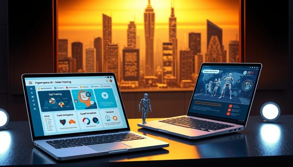 A sleek, metallic desk setup with a Hyperspace AI-powered laptop, showcasing a dynamic sales training dashboard. In the foreground, a presentation slide with visuals and analytics, guiding the user through the implementation process. The middle ground features a stylized 3D model of AI agents, representing the sales training solution. The background depicts a futuristic cityscape, symbolizing the cutting-edge technology powering the Hyperspace platform. The scene is illuminated by a warm, ambient light, creating a professional and innovative atmosphere.
