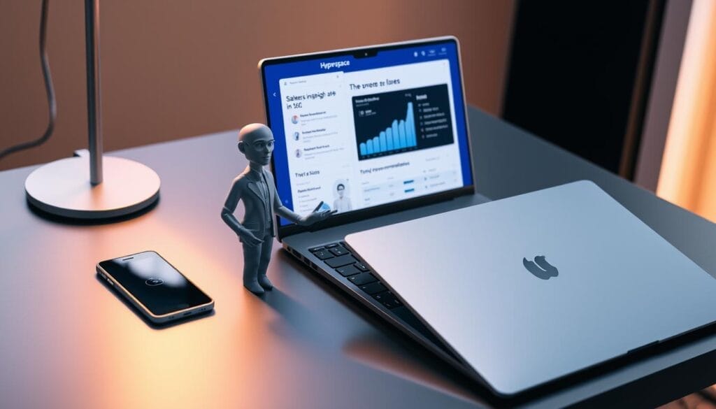 A sleek, metallic desk setup with a Hyperspace-branded laptop and mobile device. On the screen, a data visualization displays sales insights and AI-powered coaching recommendations. In the foreground, a stylized 3D render of a sales coach avatar interacts with the digital interface, guiding the user through personalized sales strategies. The scene is illuminated by a warm, ambient light, creating a professional and forward-thinking atmosphere. The overall composition conveys the seamless integration of AI-driven sales coaching within a modern, technology-centric work environment.