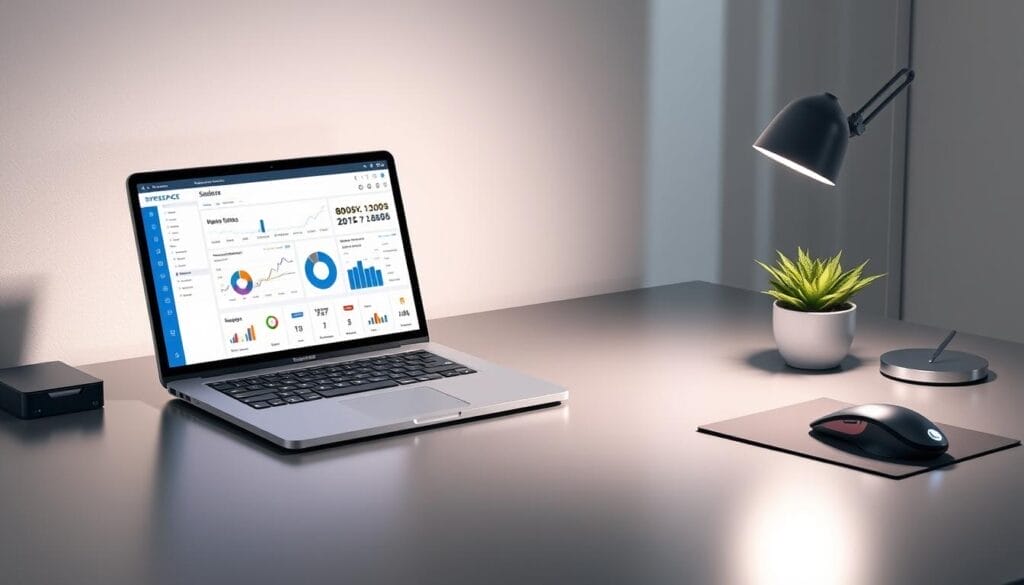 A sleek, metallic desk setup with a laptop displaying a Hyperspace dashboard. The laptop screen shows a clean, data-driven interface with charts, graphs, and metrics related to sales automation. The desk features a minimalist design, with a few carefully placed accessories like a mouse, stylus, and a small plant. The lighting is soft and indirect, creating a professional and focused atmosphere. The overall scene conveys a sense of efficiency, productivity, and data-driven decision-making.