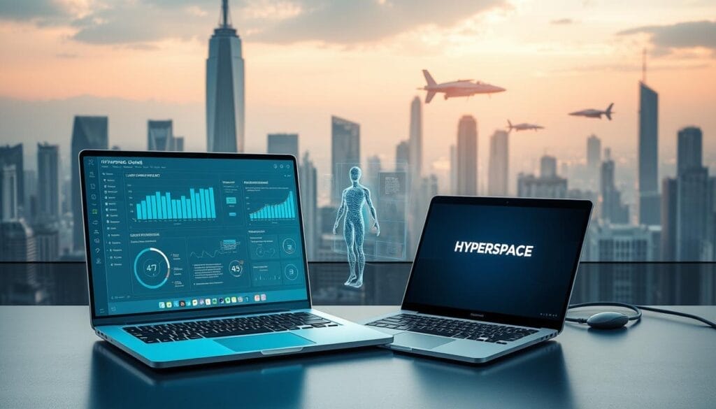 A sleek, metallic desktop workspace with a laptop prominently displaying the Hyperspace logo. In the foreground, a holographic projection showcases an AI-powered lead generation dashboard, complete with interactive charts, graphs, and data visualizations. The middle ground features a stylized 3D model of a human figure, symbolizing the AI's ability to understand and engage with customers. In the background, a futuristic cityscape with towering skyscrapers and hovering vehicles sets the scene for this cutting-edge AI sales training experience. The lighting is a harmonious blend of cool tones, creating a sophisticated and immersive atmosphere.
