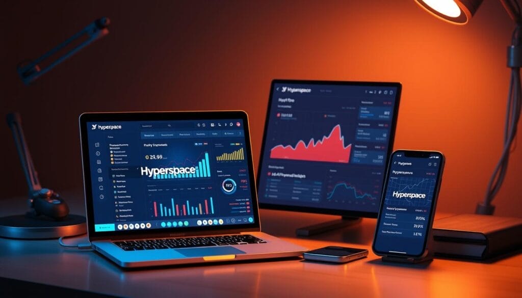 A sleek, metallic-framed desk setup with a laptop, tablet, and smartphone prominently displaying the "Hyperspace" brand logo. The devices showcase a vibrant, intuitive sales dashboard with real-time data visualizations, sales forecasting tools, and AI-powered insights. The scene is bathed in a warm, focused lighting, creating a professional and futuristic atmosphere. The arrangement conveys the power and efficiency of AI-driven sales tools, ready to unlock new levels of sales performance.