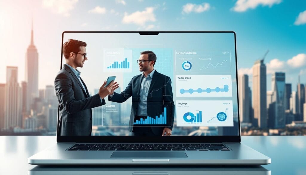 A sleek, metallic laptop display showcases the evolution of sales coaching, powered by the Hyperspace AI platform. In the foreground, a holographic sales coach guides a team member through interactive role-playing, their gestures and expressions captured by a high-resolution camera. The middle ground features a data visualization dashboard, illustrating key sales metrics and personalized coaching insights. In the background, a cityscape of towering skyscrapers reflects the enterprise-level scale of this AI-driven sales coaching solution, conveying a sense of modern, efficient, and data-driven sales excellence.