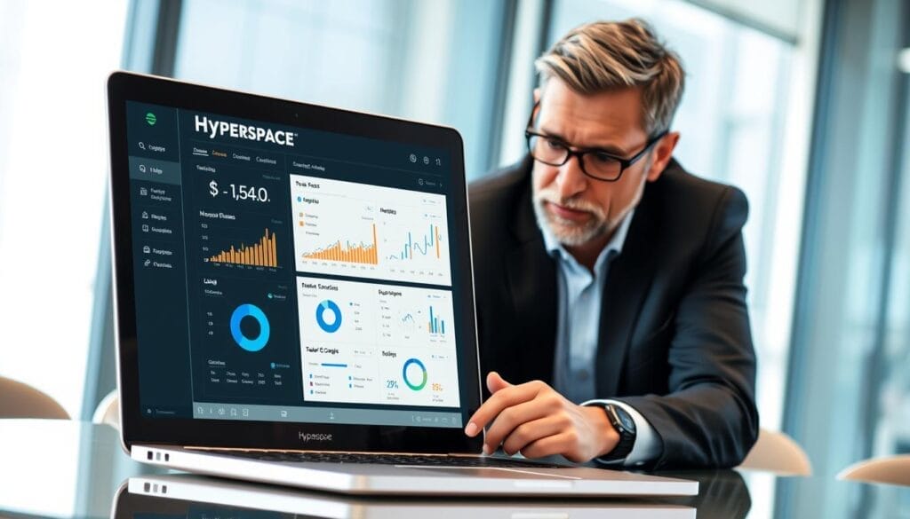A sleek, metallic silver laptop display showcases a Hyperspace software interface, featuring elegant data visualizations, interactive charts, and intuitive call analysis tools. In the foreground, a professional sales coach examines the insights, their expression thoughtful and focused, as they contemplate ways to optimize the sales team's performance. The background blurs softly, evoking a modern, technology-driven office environment. Crisp lighting and a subtle depth of field create a sense of depth and professionalism, reflecting the sophisticated use of AI-powered sales call analysis.