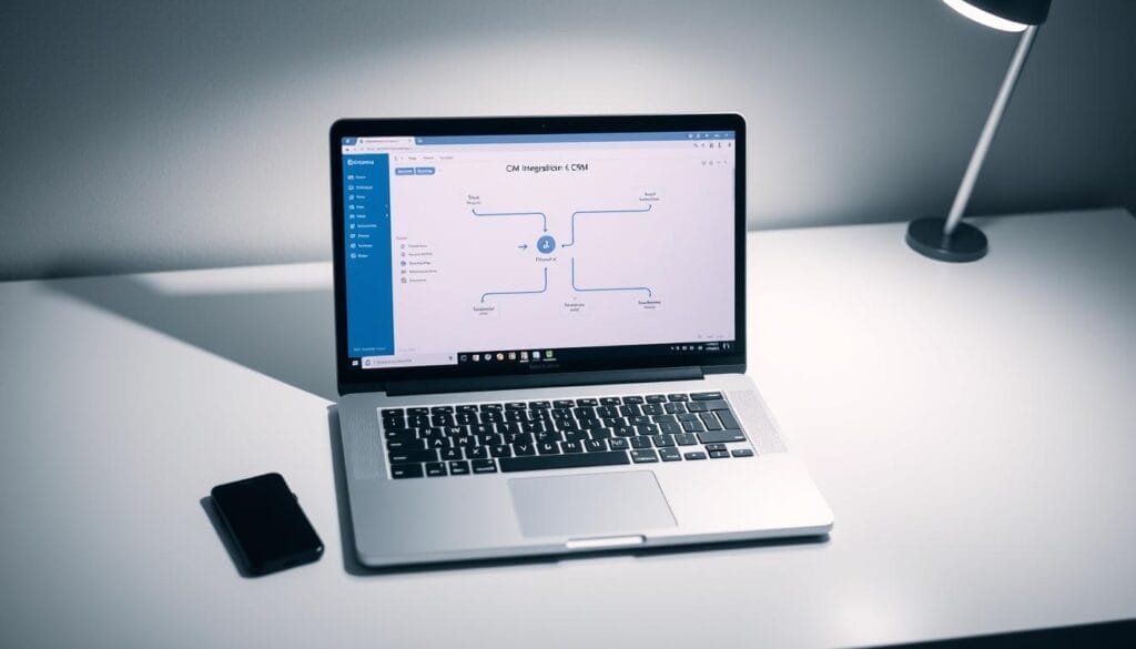 A sleek, minimalist desk setup featuring a silver laptop emblazoned with the "Hyperspace" logo, showcasing a CRM integration workflow display. The screen depicts a seamless process of data synchronization, visualized through clean icons and intuitive user interface elements. Soft, directional lighting illuminates the scene, creating a professional, technology-driven atmosphere. The desktop surface is clutter-free, allowing the CRM integration interface to take center stage. The overall composition emphasizes efficiency, productivity, and the integration of AI-powered sales coaching with major CRM platforms.