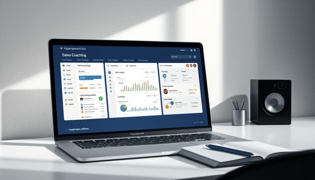 A sleek, minimalist desk setup with a laptop or desktop computer displaying the "Hyperspace" sales coaching software interface. The screen showcases key features like performance analytics, call recording, and customizable coaching workflows. Soft, directional lighting from the side creates depth and highlights the software's clean, intuitive design. The overall scene conveys a sense of productivity, efficiency, and the power of data-driven sales coaching.