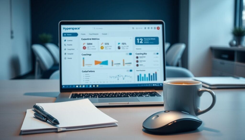 A sleek, minimalist desk setup with a laptop screen displaying the "Hyperspace" sales coaching software interface. The screen showcases a clean, intuitive dashboard with customizable metrics, coaching tools, and user profiles. In the foreground, a notepad, pen, and a cup of coffee create a productive, professional atmosphere. The middle ground features a neatly organized desk with a tactile mouse and keyboard, hinting at the hands-on experience of the software. The background blurs into a serene, office-like setting with muted tones and subtle lighting, emphasizing the focus on the task at hand.