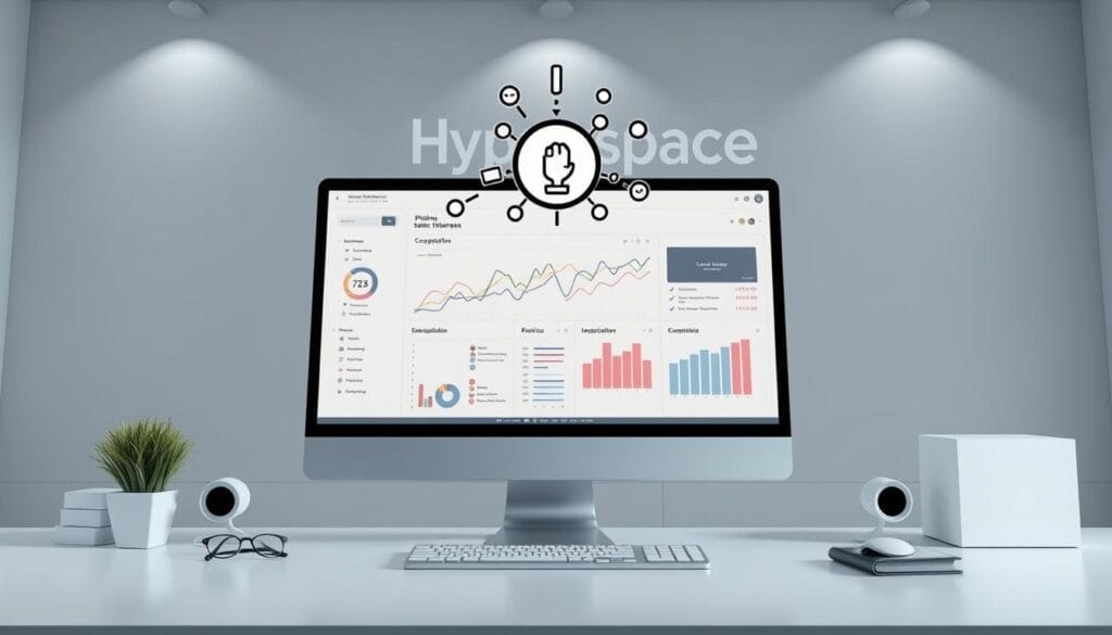 A sleek, minimalist desk setup with a large desktop computer monitor displaying a dynamic data visualization dashboard. In the foreground, a stylized icon representing key B2B sales challenges, such as pipeline management, lead qualification, and client negotiations, hovers above the screen. The background features a subtle Hyperspace brand logo and a muted, professional office environment with elegant lighting and clean lines. The overall mood is focused, analytical, and visually compelling, reflecting the strategic nature of overcoming modern B2B sales obstacles.