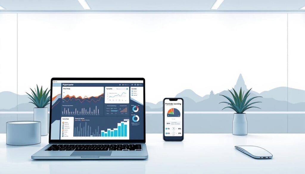 A sleek, minimalist desktop display showcases a dynamic sales landscape. In the foreground, a laptop screen depicts a Hyperspace sales dashboard, its intuitive interface and data visualizations illuminating key performance trends. In the middle ground, a mobile device highlights predictive sales coaching insights, guiding representatives towards optimal strategies. The background evokes a modern, sophisticated office setting, with clean lines, muted tones, and subtle lighting that creates a professional, forward-thinking atmosphere. The overall composition conveys the transformative power of data-driven sales solutions, seamlessly blending technology and human expertise to drive sales performance.