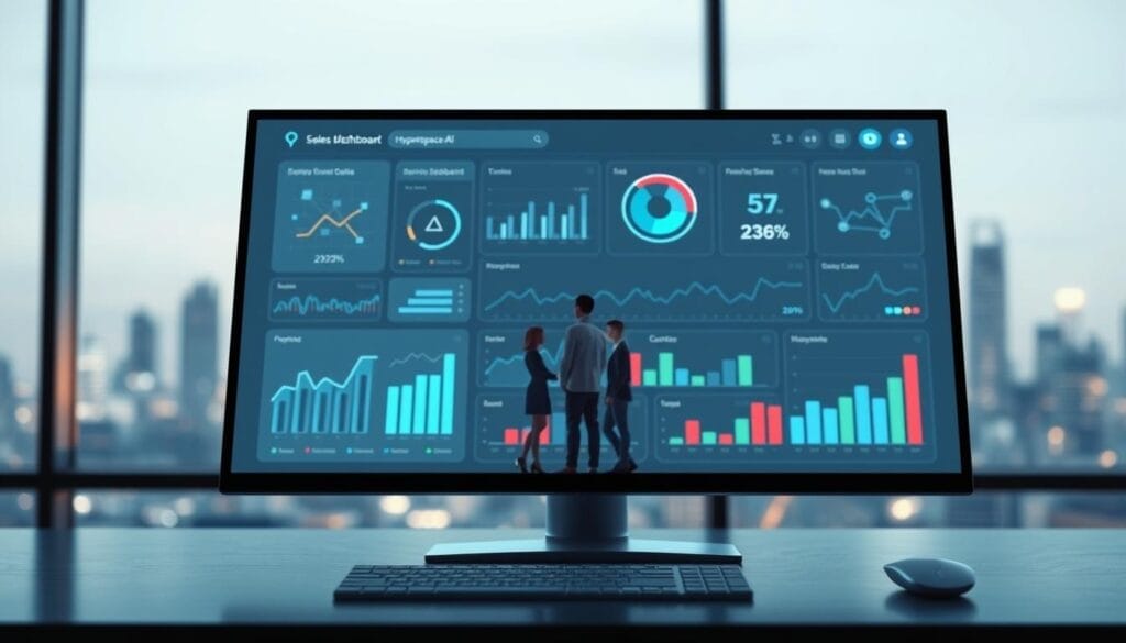 A sleek, minimalist desktop display showcases a futuristic sales dashboard powered by Hyperspace AI. In the foreground, dynamic charts and graphs illuminate sales insights, while in the middle ground, a stylized 3D model of a sales team collaborates seamlessly. The background features a softly blurred city skyline, hinting at the global reach of this transformative technology. Crisp lighting and a subtle depth of field create a sense of depth and professionalism. The overall mood is one of innovation, efficiency, and the seamless integration of artificial intelligence into sales strategy.
