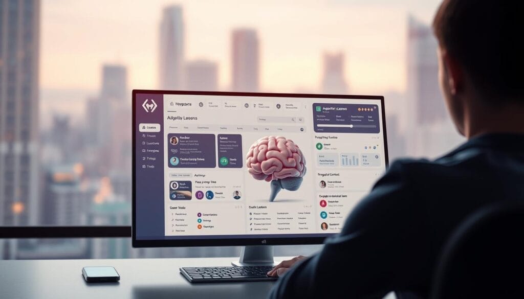 A sleek, minimalist desktop display showcases a personalized AI-powered learning interface. The Hyperspace logo shines subtly in the corner, signaling the cutting-edge technology powering this immersive experience. In the foreground, a user navigates a clean, intuitive dashboard filled with adaptive lessons, progress tracking, and recommended content tailored to their unique needs and goals. The middle ground features a 3D model of a human brain, pulsing with neural activity to represent the AI's deep understanding of the learner. The background depicts a softly blurred cityscape, hinting at the boundless possibilities of this AI-driven personalized learning journey.