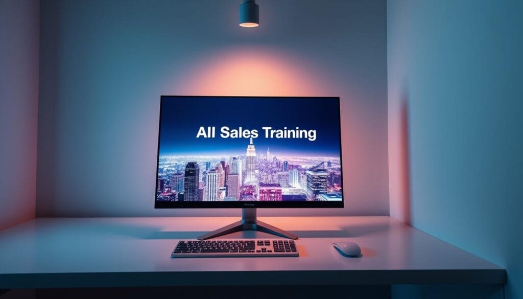 A sleek, minimalist desktop display showcases a presentation on "AI Sales Training" by Hyperspace. The screen features a striking visual of a digital cityscape, conveying the futuristic, tech-driven nature of modern sales. Soft, directional lighting from above casts a warm, focused glow on the screen, creating a professional, polished atmosphere. The desktop surface is clean and uncluttered, drawing the viewer's attention to the innovative sales training content. The overall mood is one of progress, efficiency, and the seamless integration of artificial intelligence into the sales workflow.