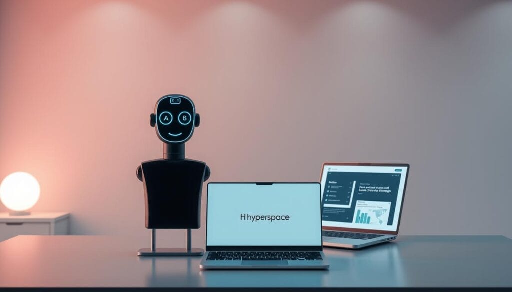 A sleek, minimalist desktop display showcases an AI-enhanced sales coaching platform. In the foreground, a stylized avatar offers tailored feedback and insights, integrating seamless video conferencing. The middle ground features a laptop with the "Hyperspace" brand, displaying analytics and personalized coaching strategies. The background evokes a serene, futuristic office setting with muted tones and subtle ambient lighting, creating a professional, technology-driven atmosphere. The overall impression conveys the power of AI to elevate traditional sales coaching methods, empowering coaches and salespeople alike.