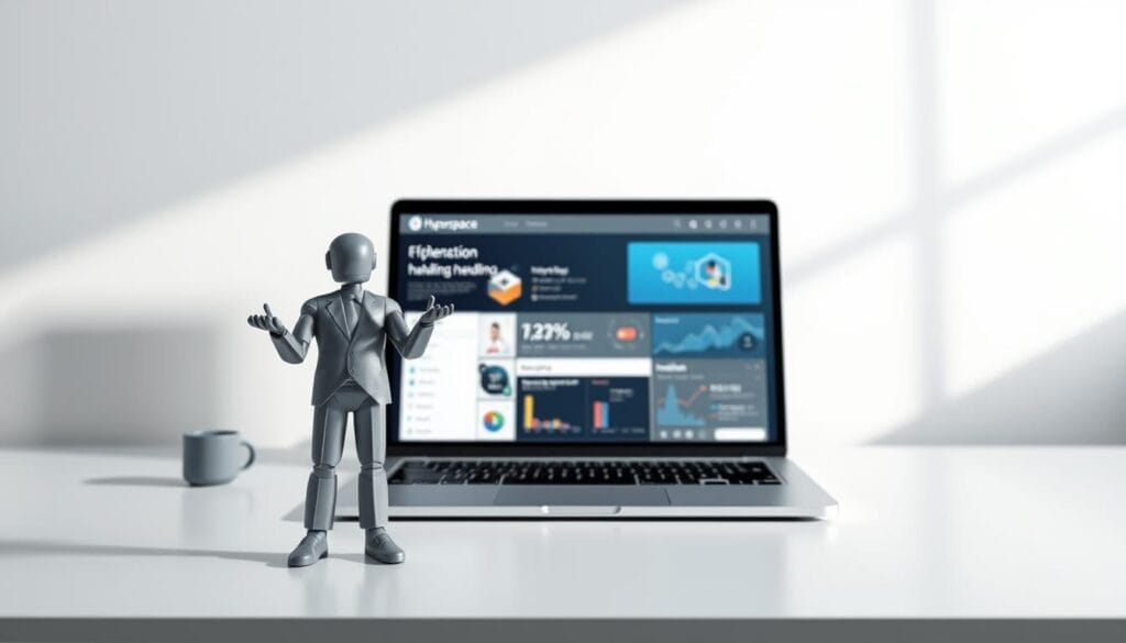 A sleek, minimalist desktop display showcases an AI-powered sales training interface. In the foreground, a stylized 3D model of a person gestures confidently, representing effective objection handling techniques. The middle ground features a laptop screen displaying the "Hyperspace" brand and a visually engaging dashboard with analytics and insights. The background subtly blends abstract geometric patterns, creating a sophisticated and immersive atmosphere. Soft, directional lighting from the side emphasizes the three-dimensional elements, lending a sense of depth and professionalism to the overall scene.