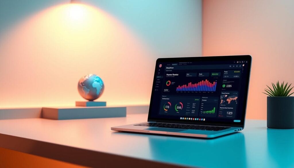 A sleek, minimalist desktop display showcases an insightful sales strategy presentation. In the foreground, a laptop screen displays a Hyperspace-branded dashboard, featuring vibrant data visualizations and key performance metrics. The middle ground highlights a stylized 3D globe, symbolizing the global reach of the sales strategy. The background blends a soft, gradient-rich ambiance with subtle textures, creating a professional, future-forward atmosphere. Warm, directional lighting accentuates the elegant, streamlined design, inviting the viewer to explore the "Understanding AI Sales Coaching: The Future of Sales Strategy" insights.