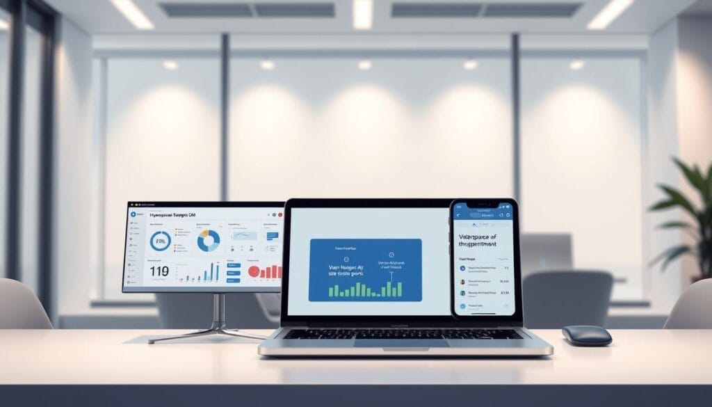 A sleek, minimalist desktop display showcases the Hyperspace AI sales enablement platform. In the foreground, a laptop screen depicts a stylized dashboard with interactive charts, graphs, and data visualizations. The middle ground features a mobile device displaying a presentation on Hyperspace's features, while the background blends a soft, gradient-based office environment with subtle lighting and clean lines. The overall mood conveys a sense of innovation, productivity, and the seamless integration of AI-driven sales solutions.