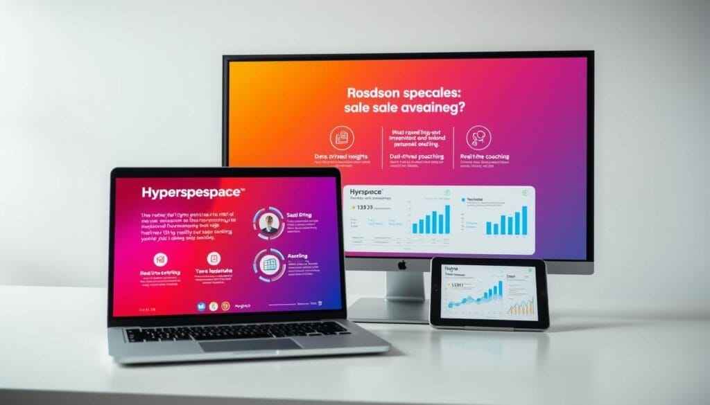 A sleek, minimalist desktop display showcases the benefits of AI-powered sales training. In the foreground, a laptop screen displays a Hyperspace-branded presentation with vibrant, infographic-style visuals highlighting key advantages - increased sales productivity, data-driven insights, and personalized coaching. The middle ground features a tablet device providing real-time performance analytics, while the background subtly suggests a modern, technology-driven office environment with clean lines and muted tones. The overall mood is one of efficiency, innovation, and the power of AI to transform sales training and empower sales teams.